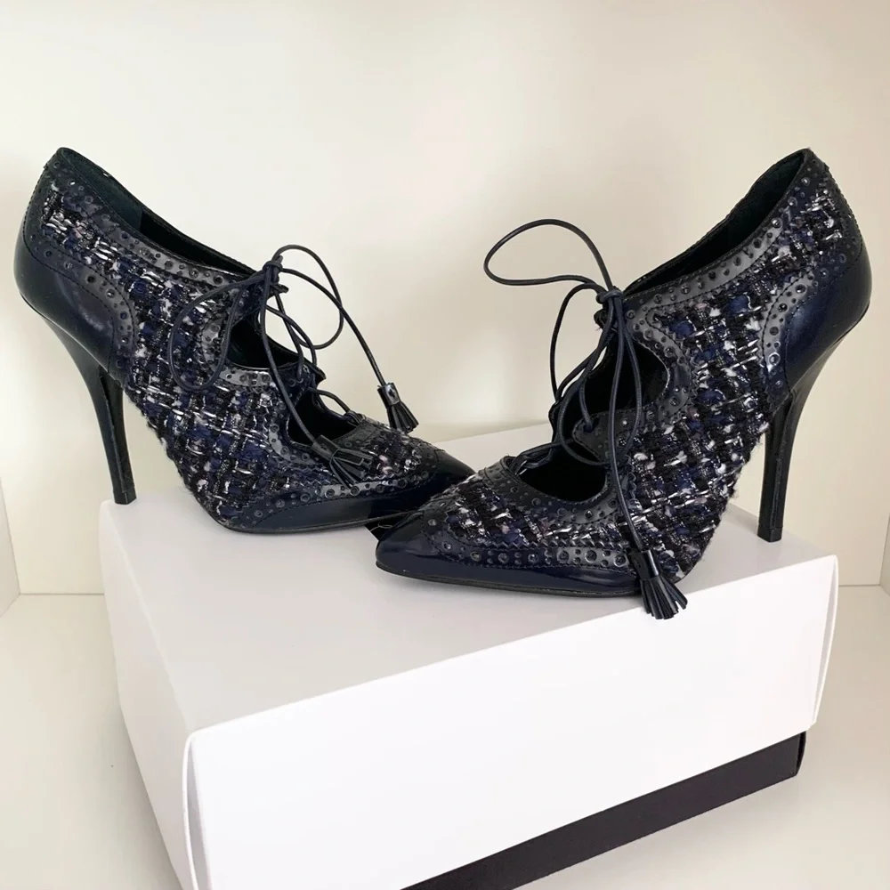 Tory Burch tweed tassel lace up oxford heels
